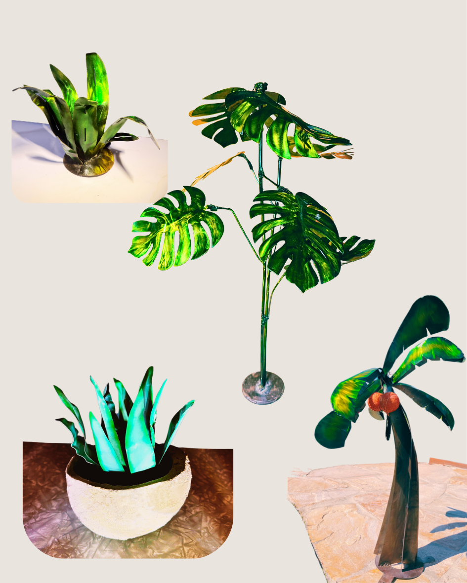 metallic plants made of metal. monsterra plant, agave, a metal palm tree and a concrete potted plant with spiky features