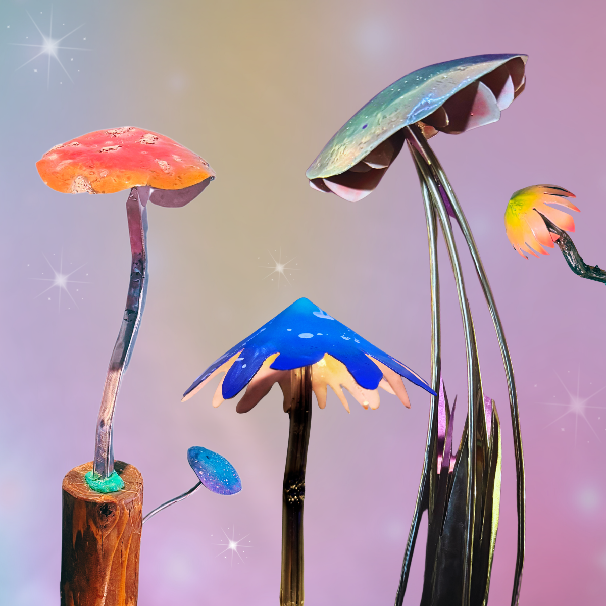 colorful metal mushroom statues on a pastel colored background.