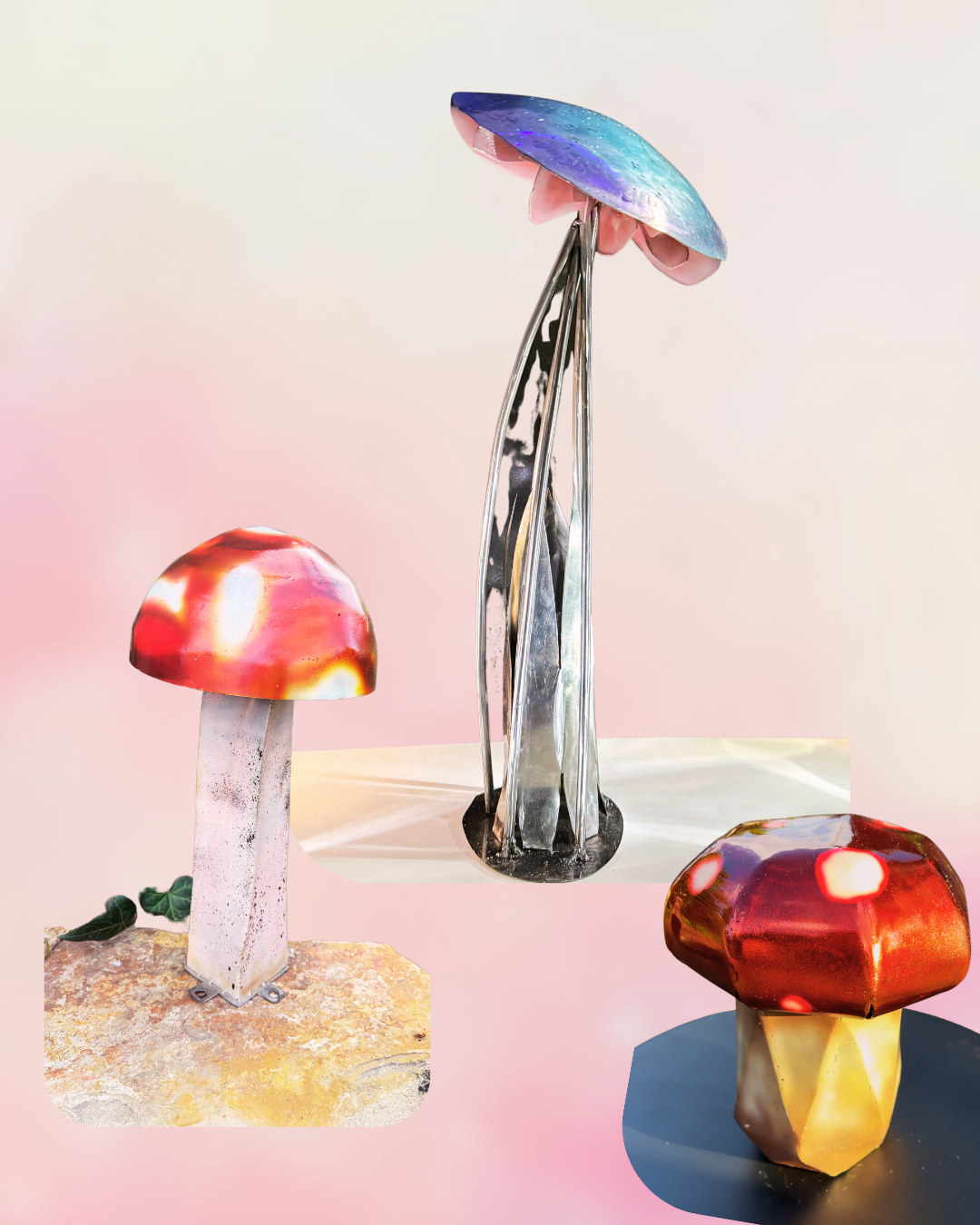 Metal artistic mushroom sculptures with reds, tan, blue, purple, on a light pink background