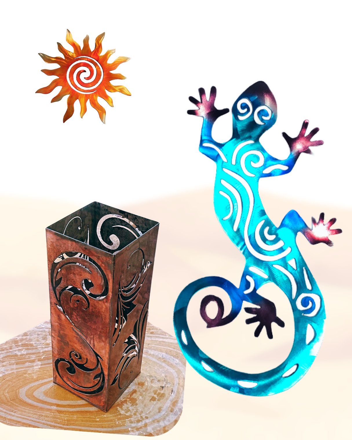 Spiral sun, lizard creature, and rusted column on a tan background