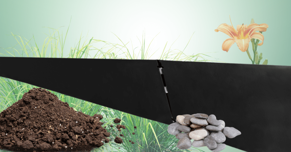 edging pieces connected with smooth seams and alignment. Pile of dirt and rocks, with grasses and day lily to add context. a product for DIY landscaping and commercial landscaping projects