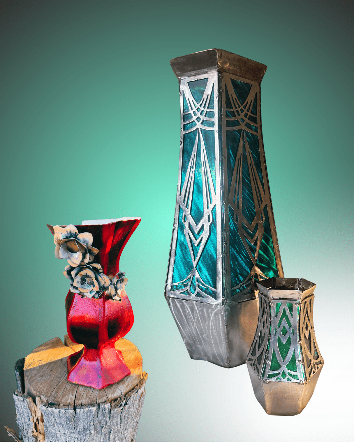 metal geometrical vases with red, green and blue highlights, on a green background