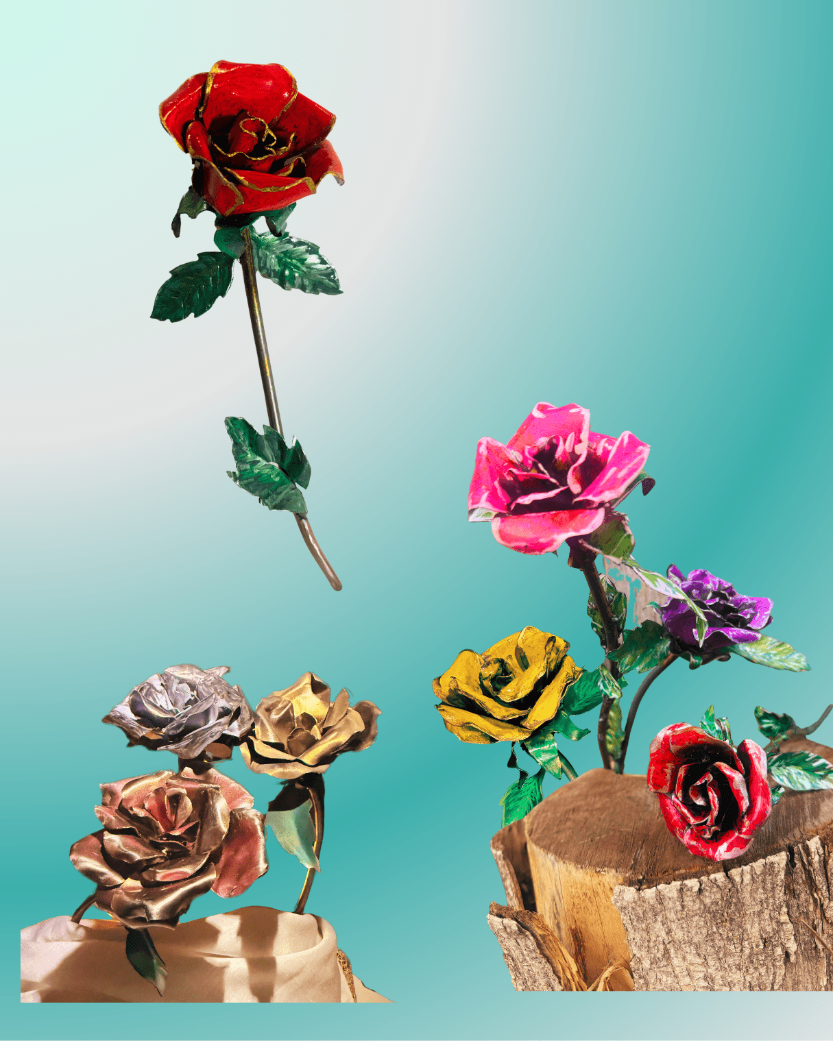 Rose flowers with vibrant colors, made of metal, on a light green background