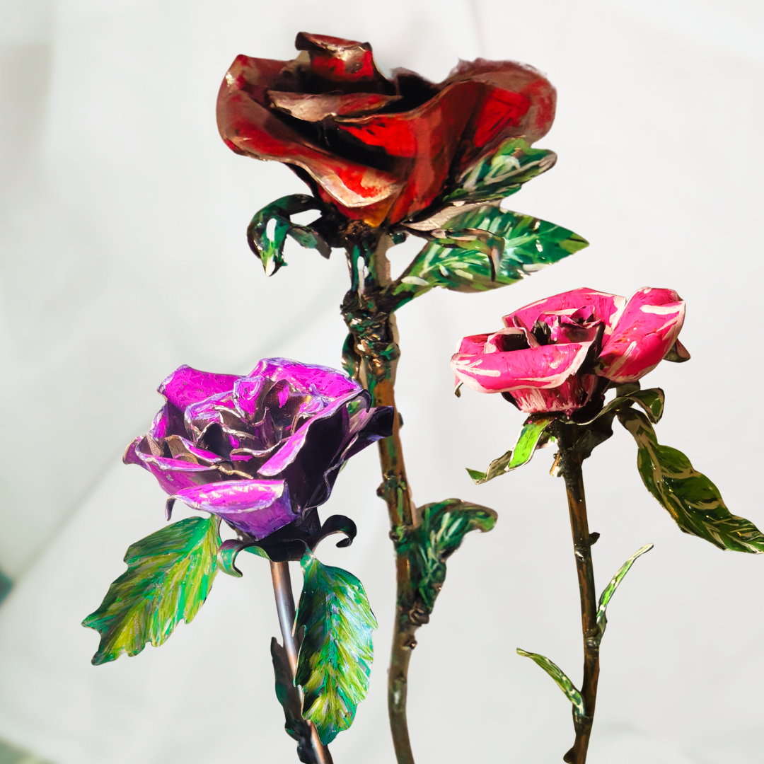 3 metal roses, pink purple and red, with green leaves, on a white background