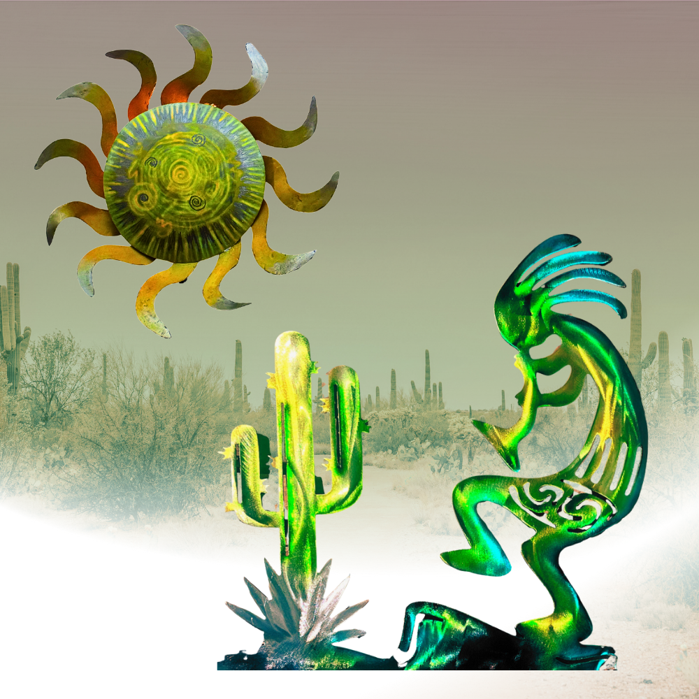 Metal Cactus Sculptures on wooden stumps, displayed on a faded background