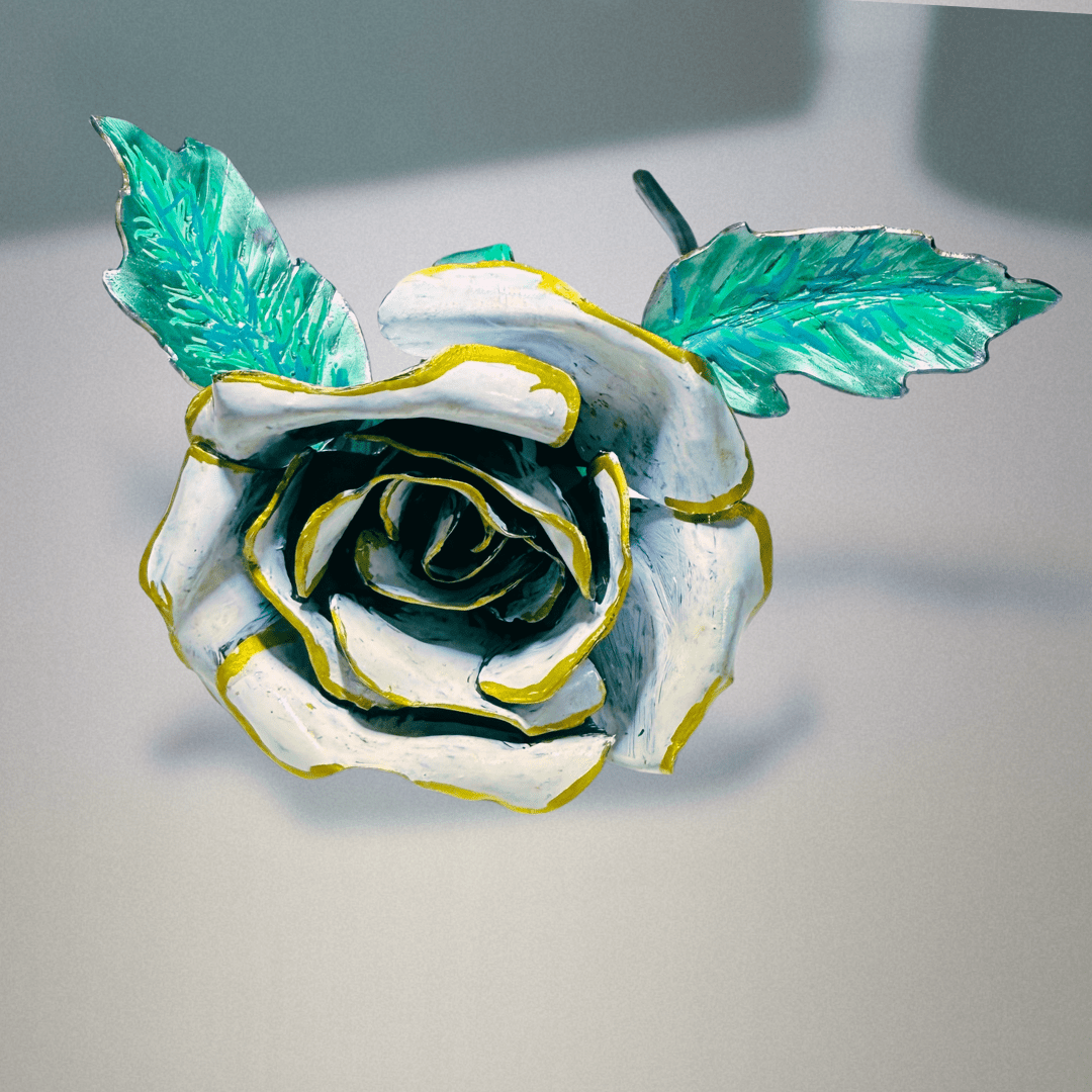 Decorative rose with green leaves on a gray background