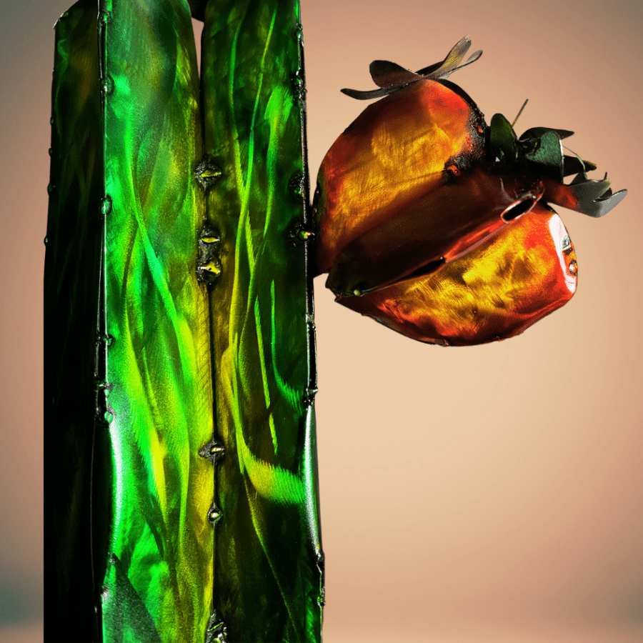 Close-up of a metal cactus with orange-red flower against a gradient background