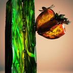 Close-up of a metal cactus with orange-red flower against a gradient background