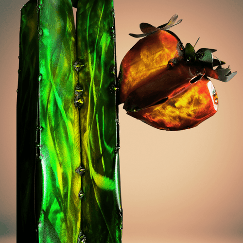 Close-up of a metal cactus with orange-red flower against a gradient background