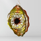 Decorative metal wind chime spinner with wavy sunflower design on a plain background