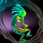 Colorful abstract sculpture of a desert flute playing figure with wavy lines on a dark background