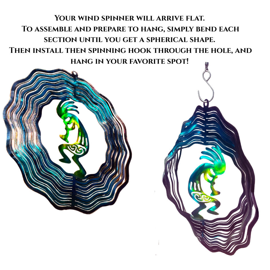 two versions of a windspinner with kokopelli playing flute and instruction text for how to use