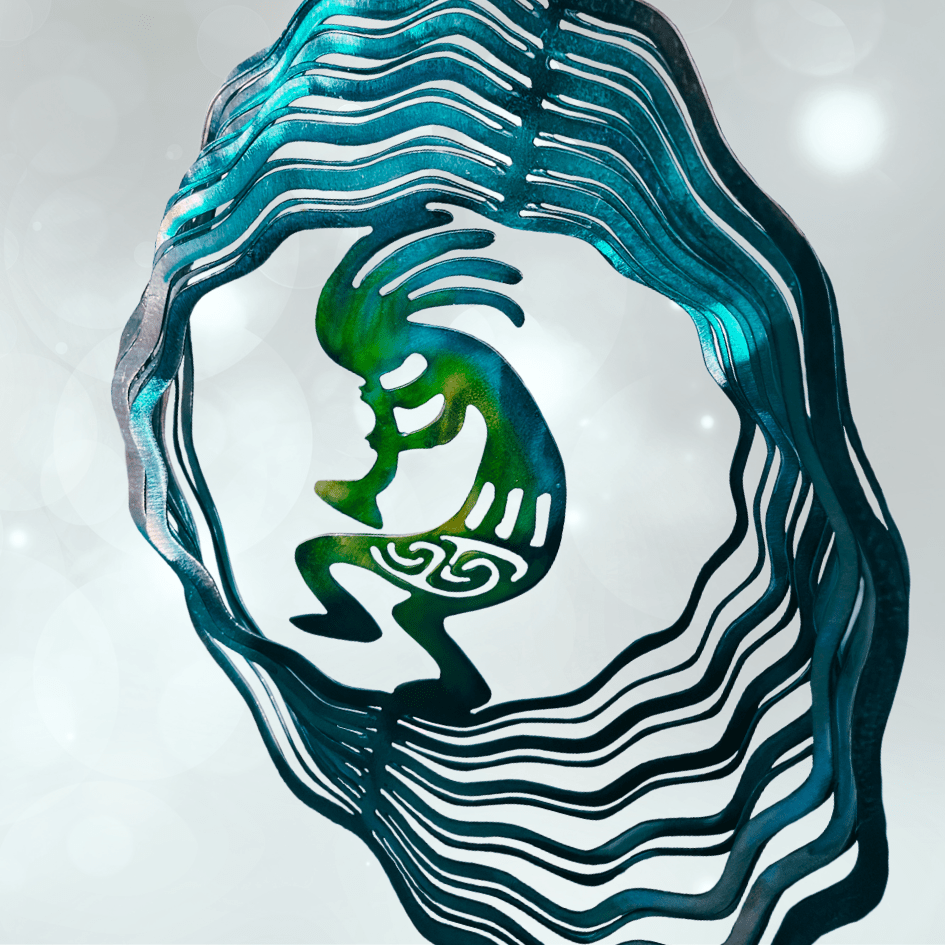 Decorative metal art piece with a stylized figure and wavy patterns on a white background