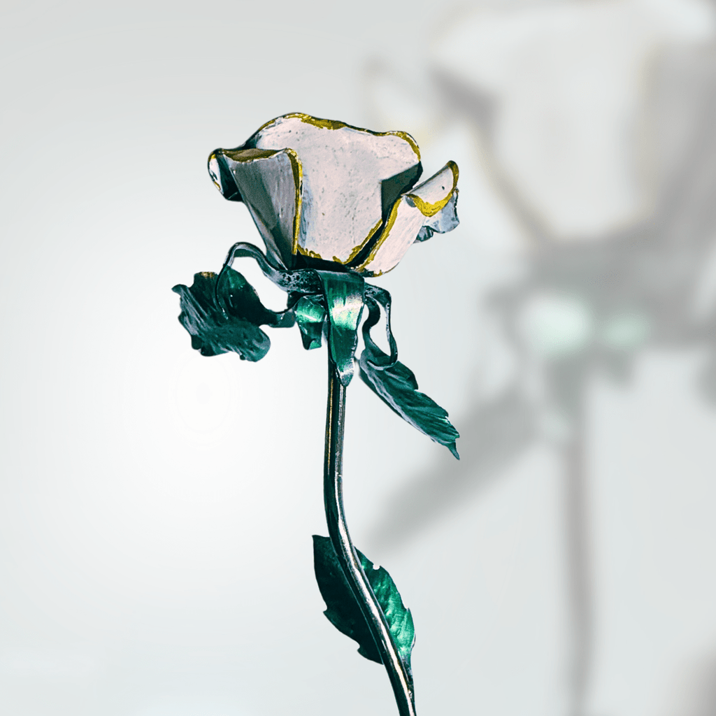 White with Gold Trim - 12” Handcrafted Metal Rose - For Home, Garden, or Romantic Gift