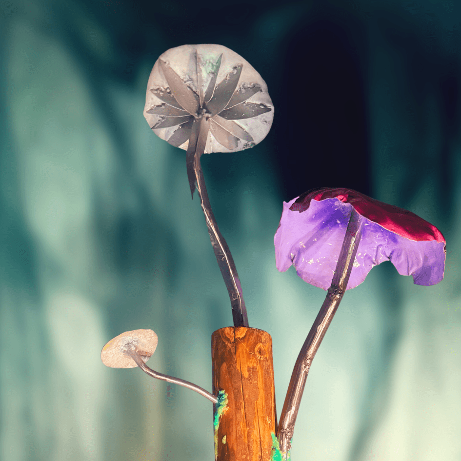 Artistic representation of mushrooms with a blurred natural background