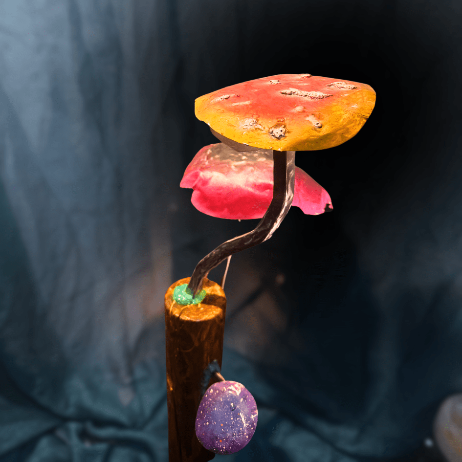 Colorful mushroom-shaped statue on wood with gradient colors on a dark background