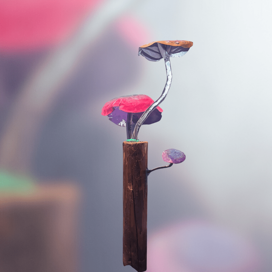 Decorative mushroom statue with wooden base and colorful metal mushrooms on a blurred background