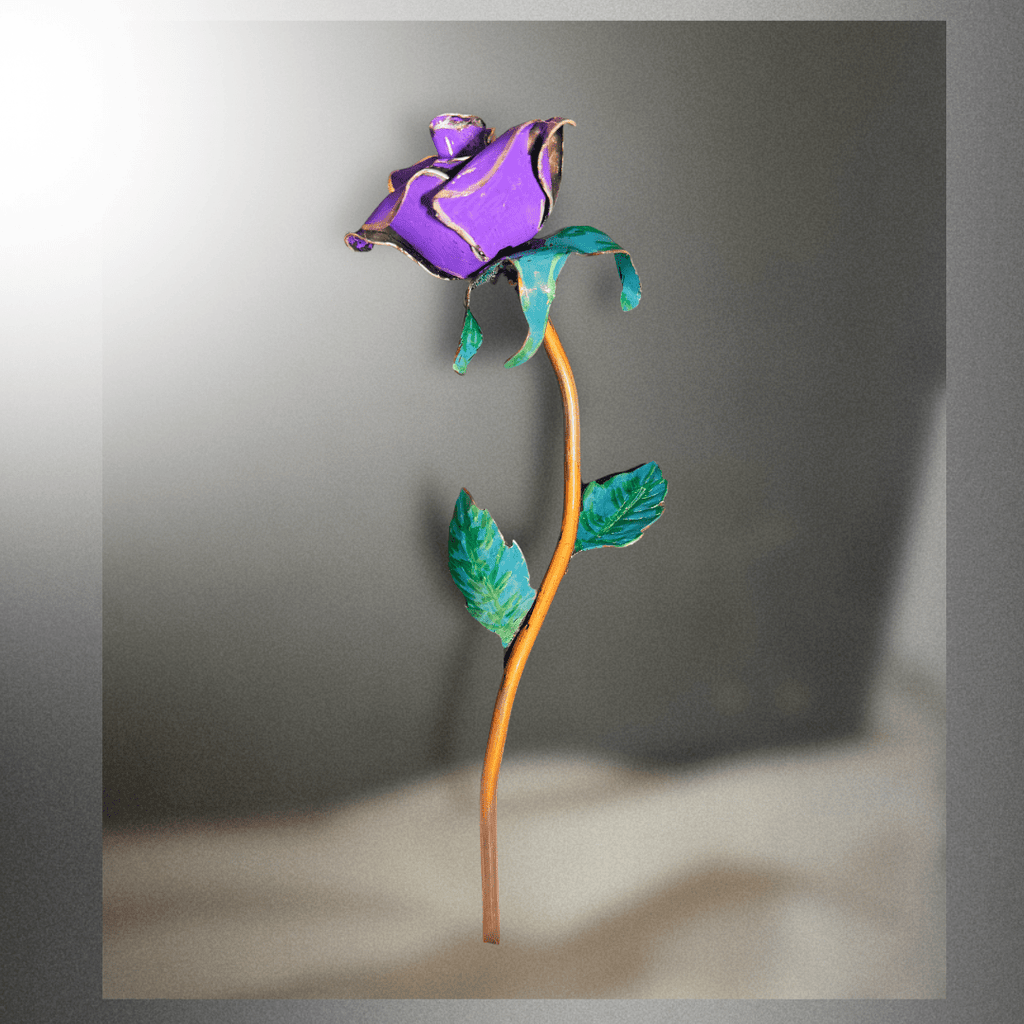 Metallic purple rose with green leaves on a gray background