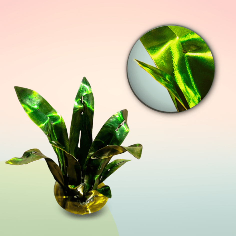 Artificial green plant with yellow base with a close-up inset on a gradient background