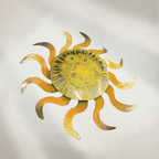 Decorative sun wall art with a yellow center and orange rays on a light gray background