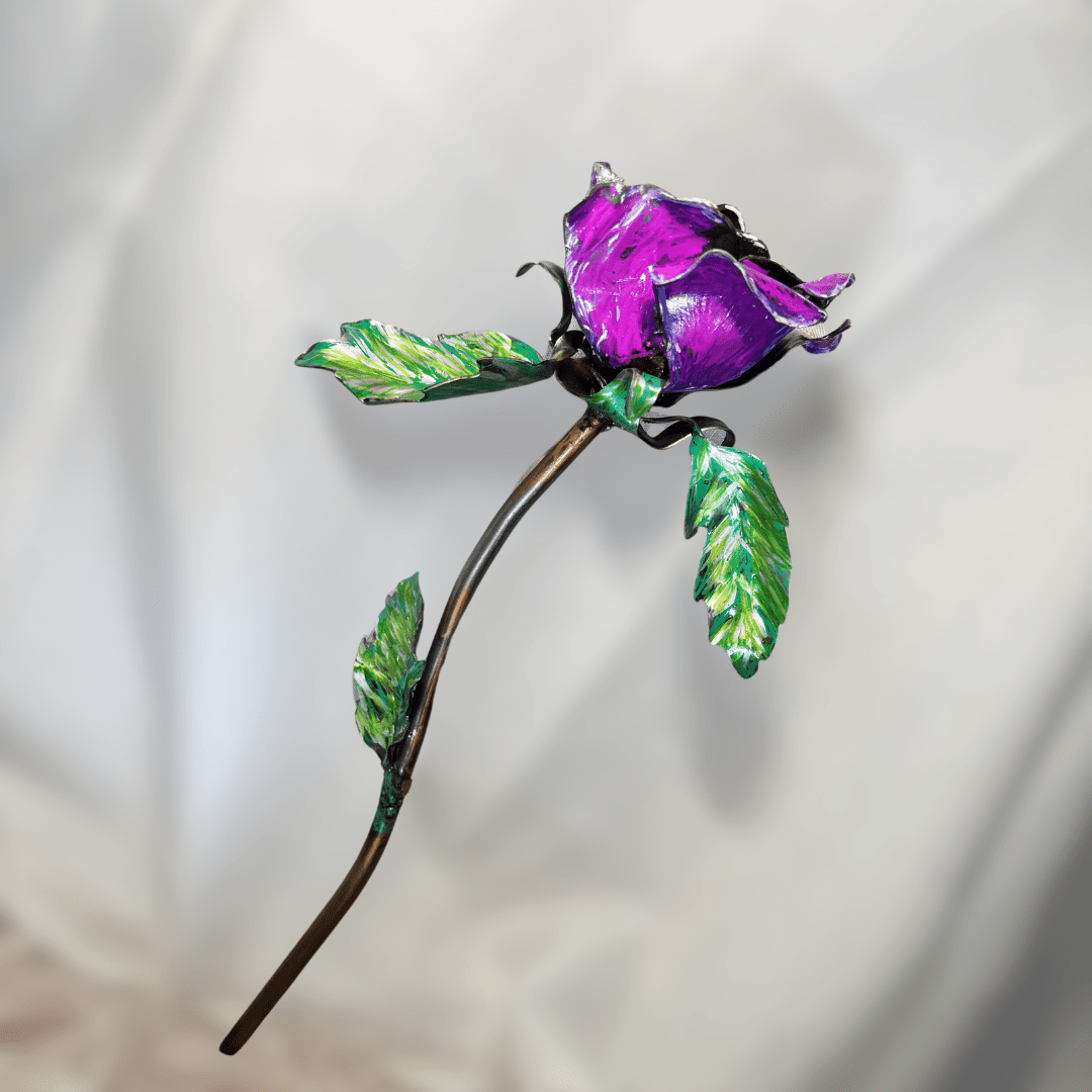purple Metal rose with leaves on light background