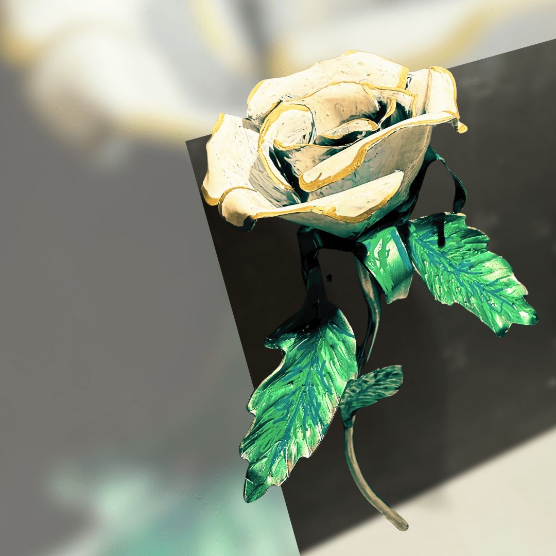 Decorative rose with gold accents and green leaves on a black background