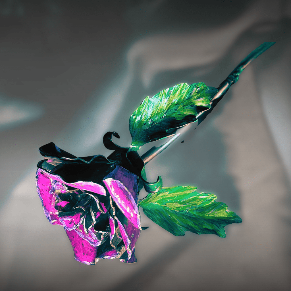 Artistic depiction of a flower with pink and green colors on a gray background